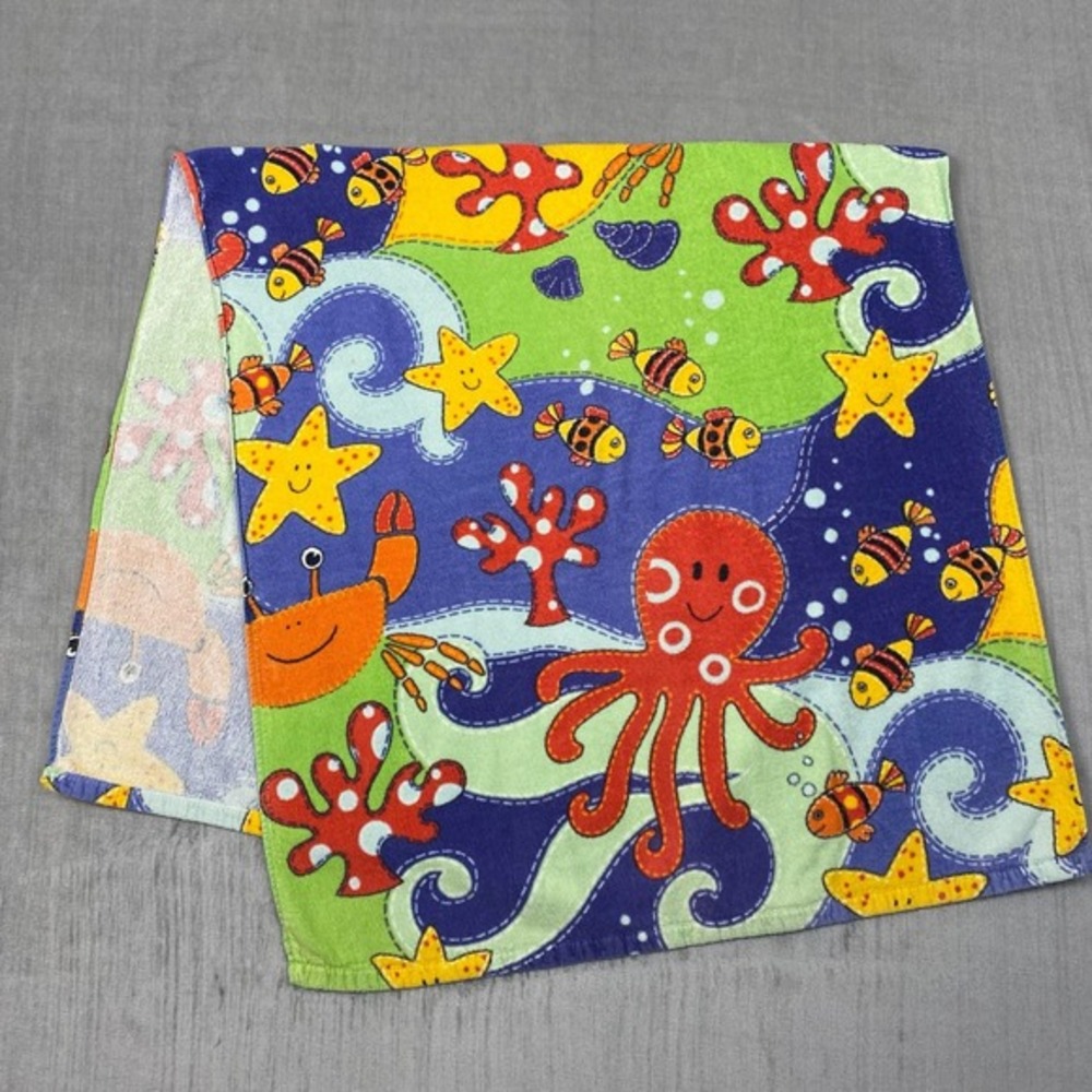 Vtg Aloha Beach Towel Colorful‎ Underwater Sea Animals Octopus Crab 100% Cotton - Picture 2 of 6